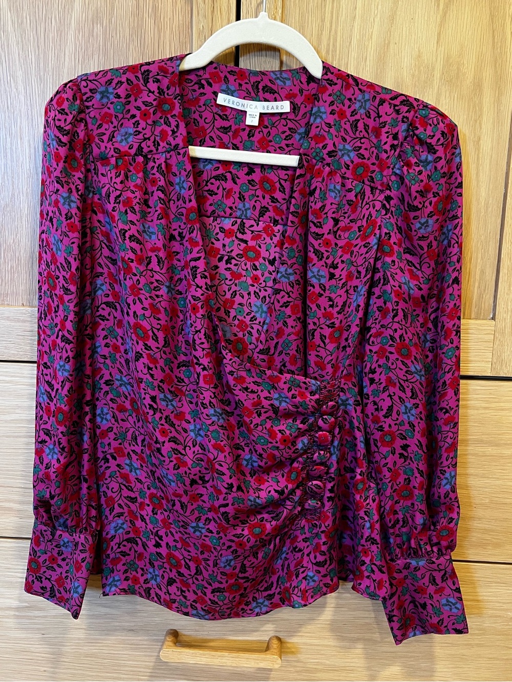 Veronica Beard Shirley Silk Ruched Long Sleeve Blouse Fuchsia Floral Size 2